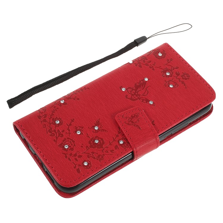 Imprint Butterfly Flower Rhinestone Decor Leather Protective Phone Cover for Huawei P20 Lite / Nova 3e - Red-8