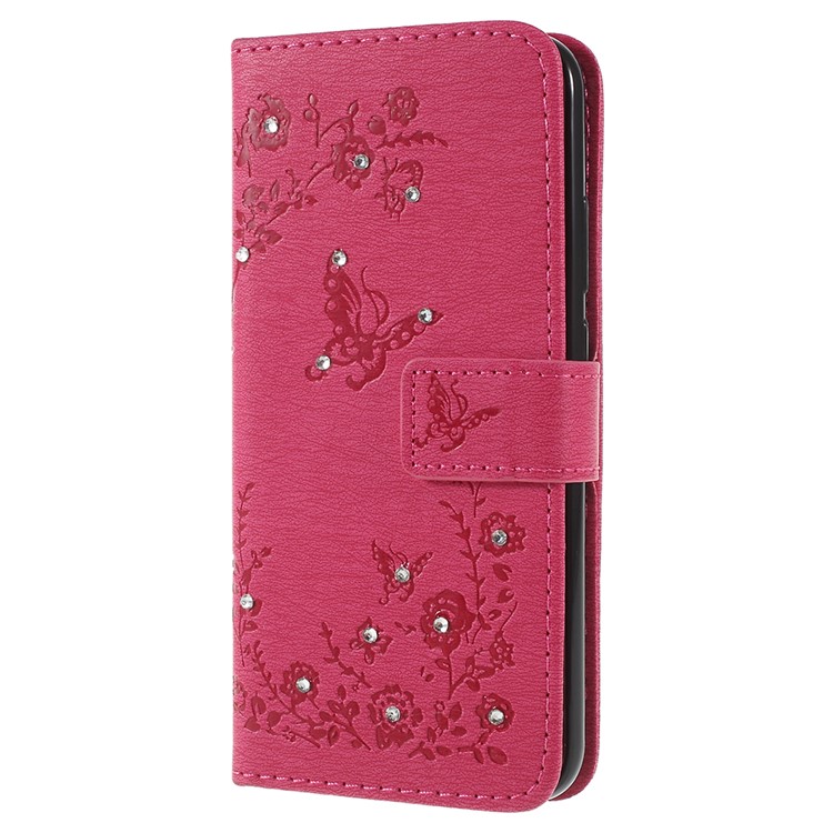Imprint Butterfly Flower Rhinestone Decor Leather Protective Accessory Case for Huawei P20 Lite / Nova 3e - Rose-2