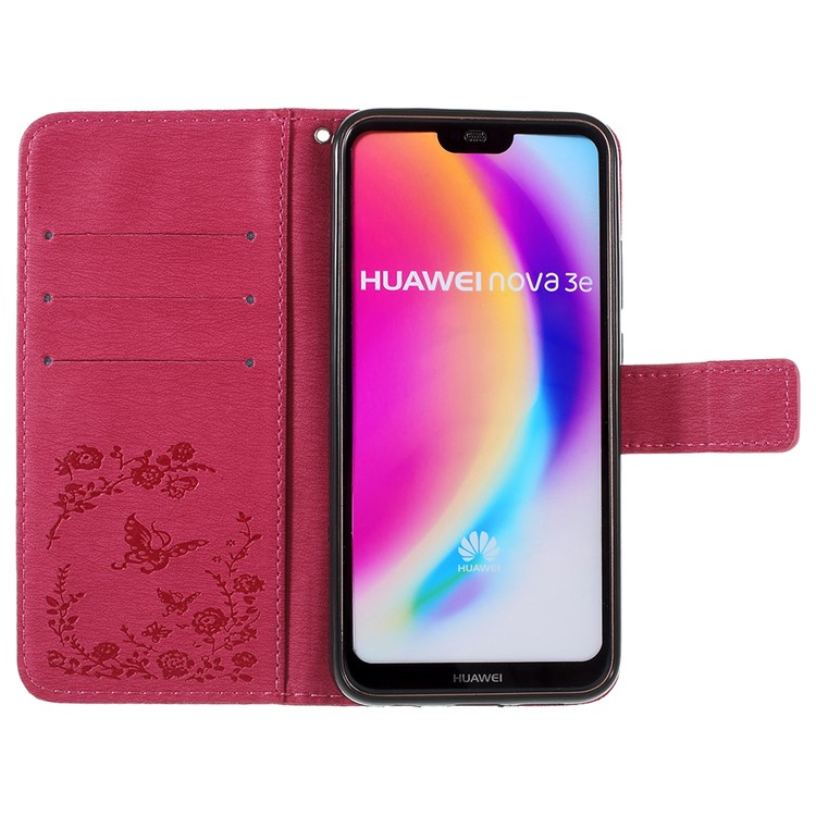 Imprint Butterfly Flower Rhinestone Decor Leather Protective Accessory Case for Huawei P20 Lite / Nova 3e - Rose-6