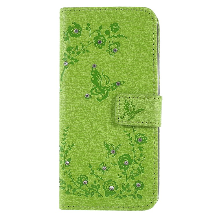 Imprint Butterfly Flower Rhinestone Decor Leather Cellphone Case for Huawei P20 Lite / Nova 3e - Green-1