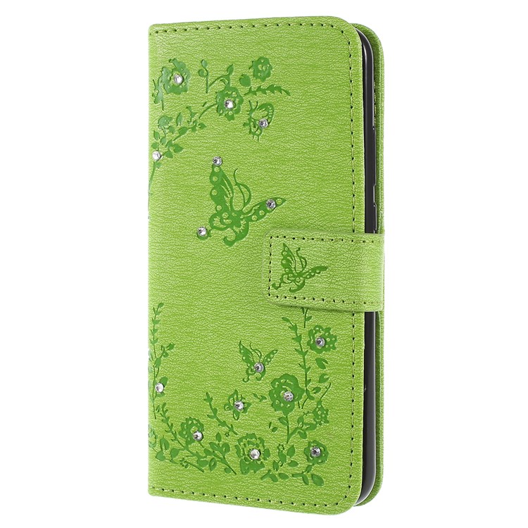 Imprint Butterfly Flower Rhinestone Decor Leather Cellphone Case for Huawei P20 Lite / Nova 3e - Green-2