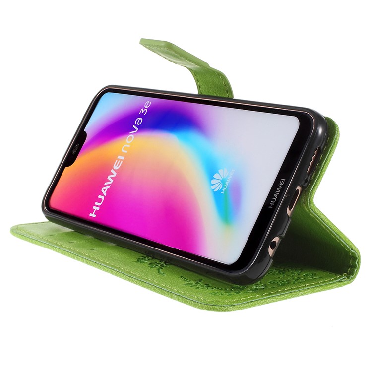 Imprint Butterfly Flower Rhinestone Decor Leather Cellphone Case for Huawei P20 Lite / Nova 3e - Green-4