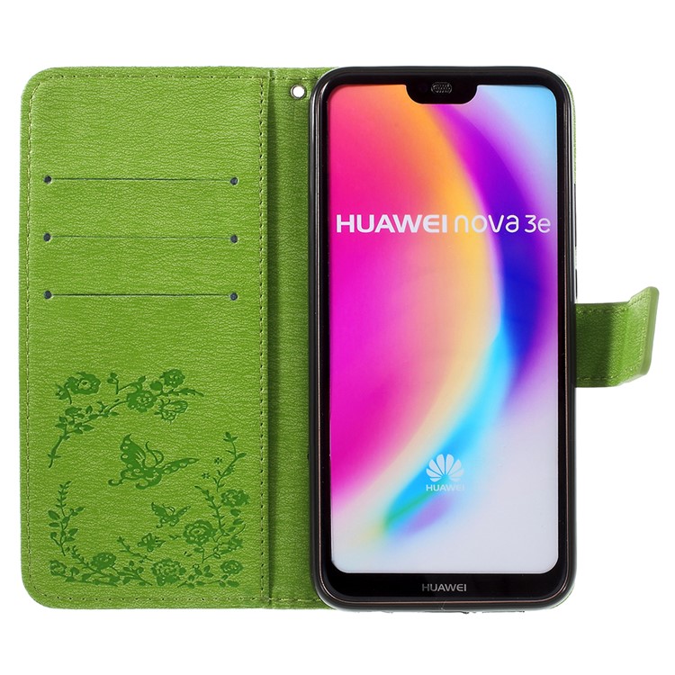 Imprint Butterfly Flower Rhinestone Decor Leather Cellphone Case for Huawei P20 Lite / Nova 3e - Green-6