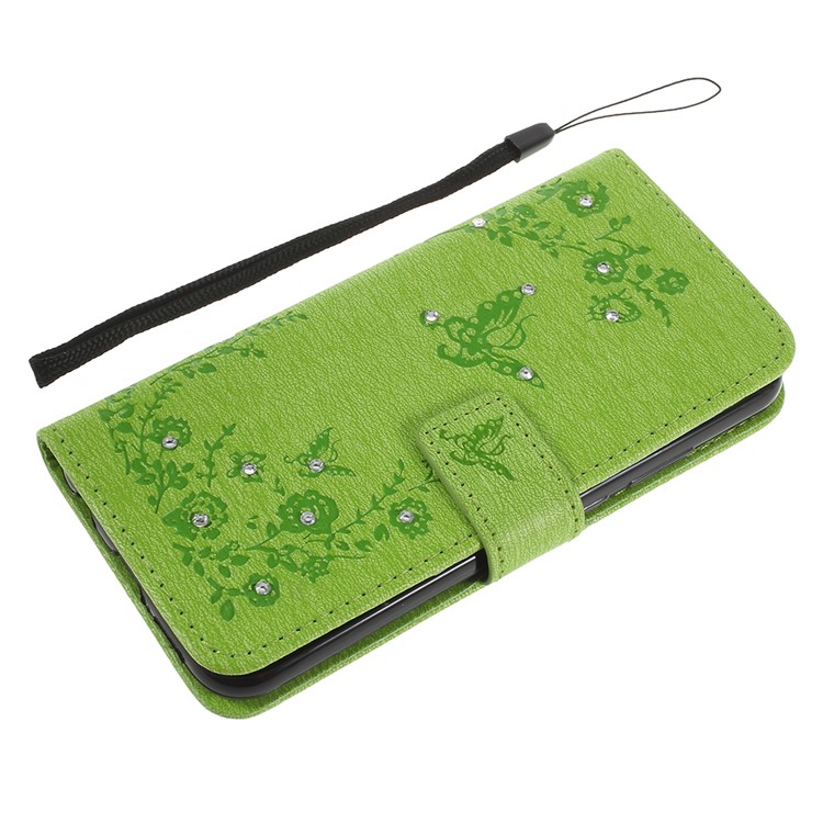 Imprint Butterfly Flower Rhinestone Decor Leather Cellphone Case for Huawei P20 Lite / Nova 3e - Green-8