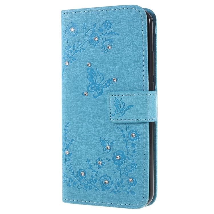 Imprint Butterfly Flower Rhinestone Decor Leather Cellphone Cover for Huawei P20 Lite / Nova 3e - Baby Blue-2