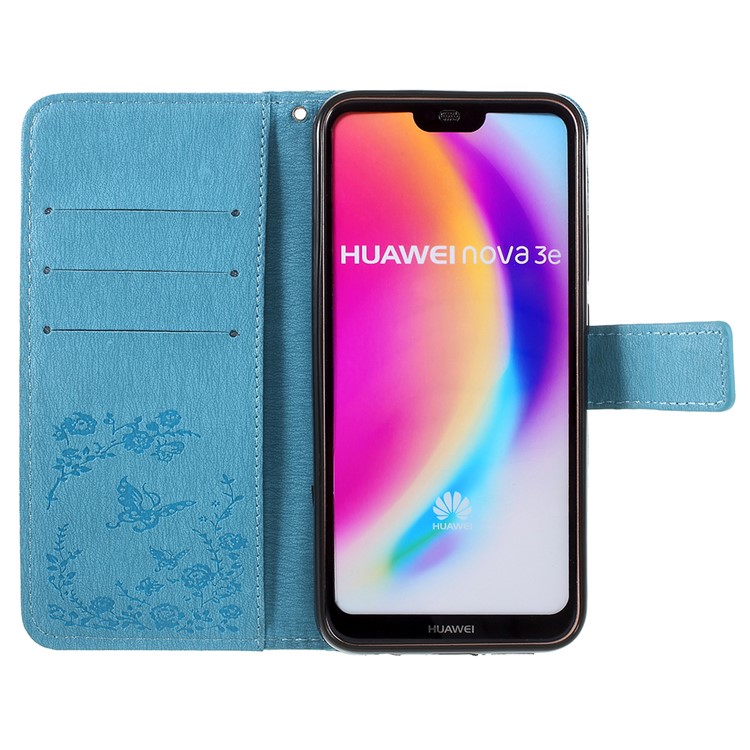 Imprint Butterfly Flower Rhinestone Decor Leather Cellphone Cover for Huawei P20 Lite / Nova 3e - Baby Blue-6