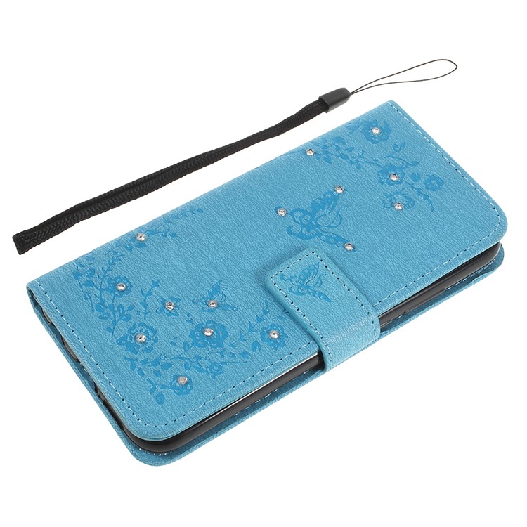 Imprint Butterfly Flower Rhinestone Decor Leather Cellphone Cover for Huawei P20 Lite / Nova 3e - Baby Blue-8