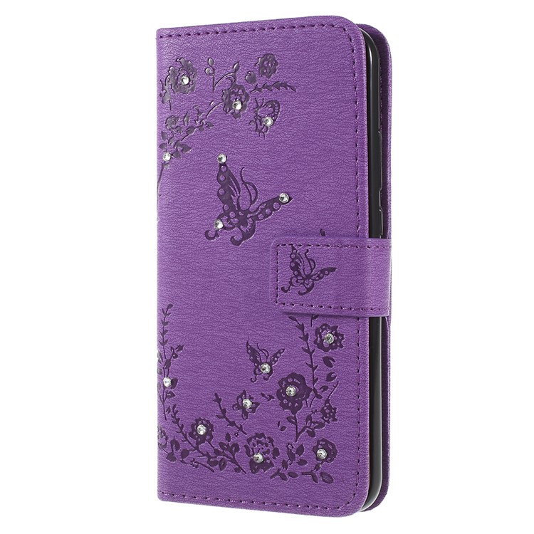 Imprint Butterfly Flower Rhinestone Decor Leather Mobile Protective Case for Huawei P20 Lite / Nova 3e - Purple-2