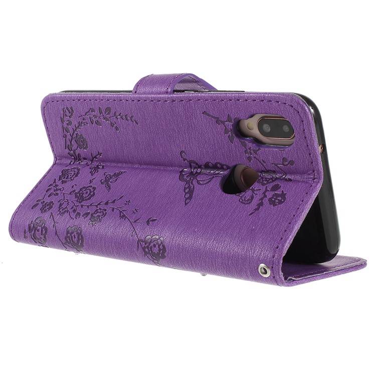 Imprint Butterfly Flower Rhinestone Decor Leather Mobile Protective Case for Huawei P20 Lite / Nova 3e - Purple-5