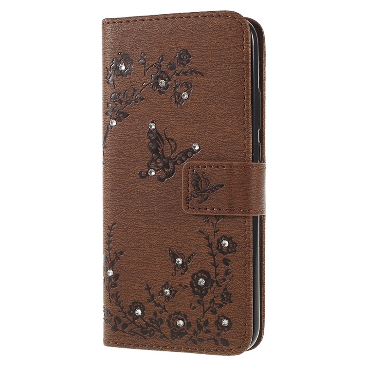 Imprint Butterfly Flower Rhinestone Decor Leather Mobile Protective Cover for Huawei P20 Lite / Nova 3e - Brown-2