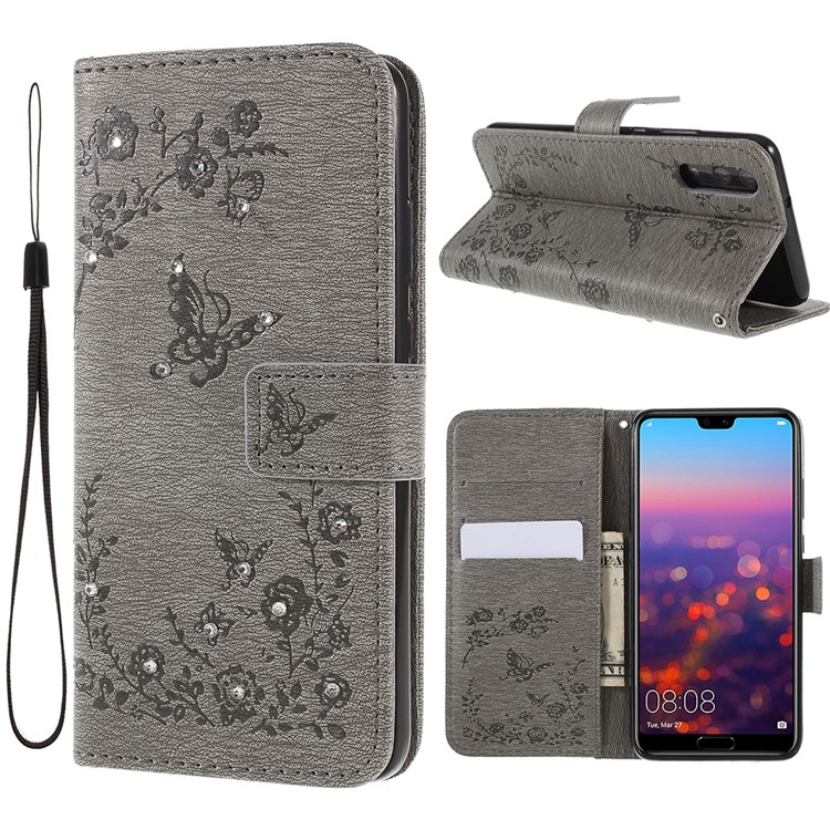 Imprint Butterfly Flower Rhinestone Decor Leather Mobile Protective Case for Huawei P20 - Grey-1