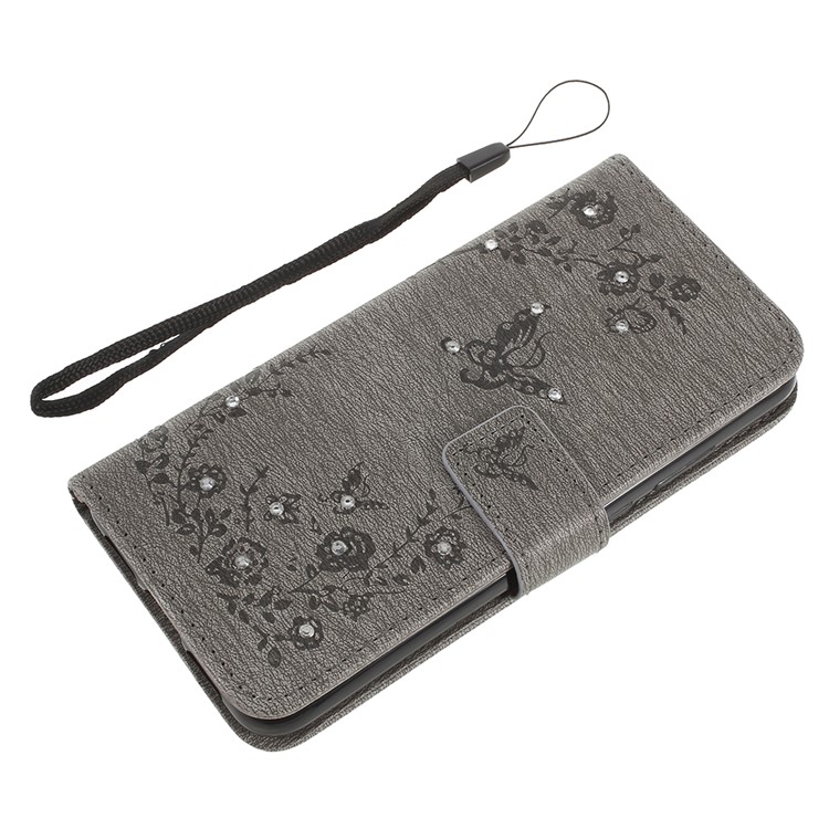 Imprint Butterfly Flower Rhinestone Decor Leather Mobile Protective Case for Huawei P20 - Grey-10
