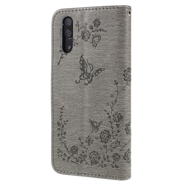 Imprint Butterfly Flower Rhinestone Decor Leather Mobile Protective Case for Huawei P20 - Grey-2