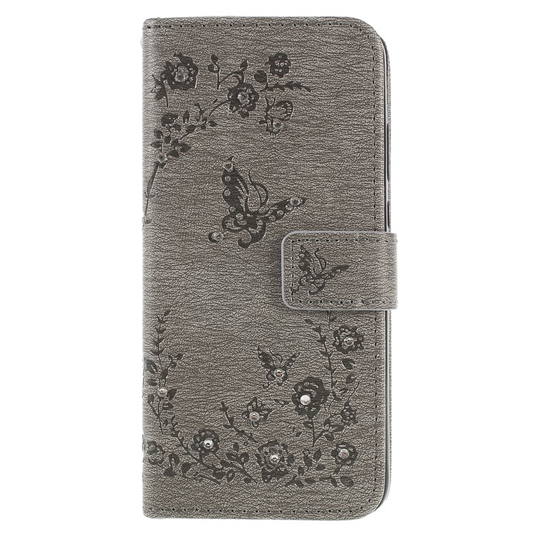 Imprint Butterfly Flower Rhinestone Decor Leather Mobile Protective Case for Huawei P20 - Grey-3