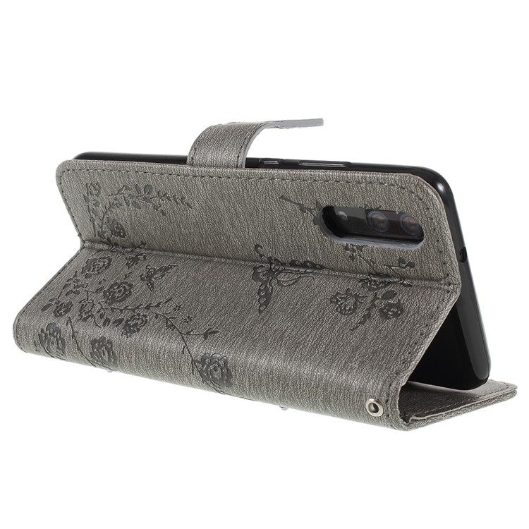 Imprint Butterfly Flower Rhinestone Decor Leather Mobile Protective Case for Huawei P20 - Grey-7