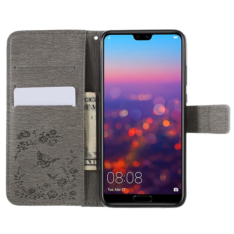 Imprint Butterfly Flower Rhinestone Decor Leather Mobile Protective Case for Huawei P20 - Grey-8