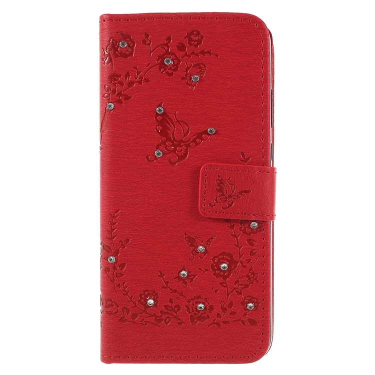 Imprint Butterfly Flower Rhinestone Decor Leather Mobile Protective Cover for Huawei P20 - Red-1