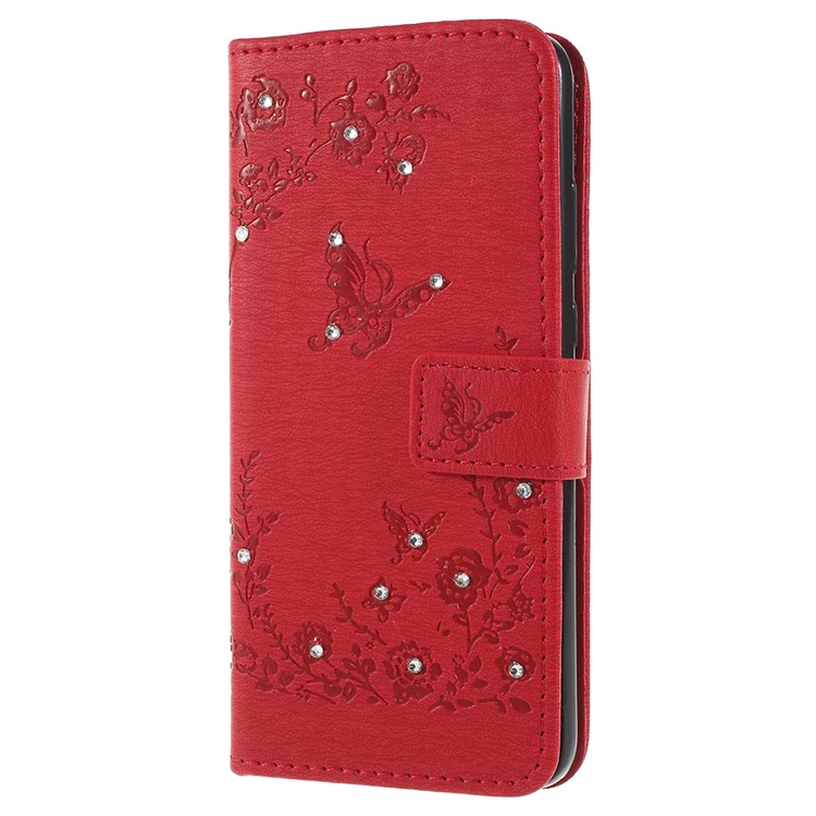 Imprint Butterfly Flower Rhinestone Decor Leather Mobile Protective Cover for Huawei P20 - Red-2
