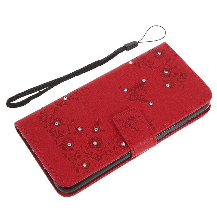 Imprint Butterfly Flower Rhinestone Decor Leather Mobile Protective Cover for Huawei P20 - Red-8