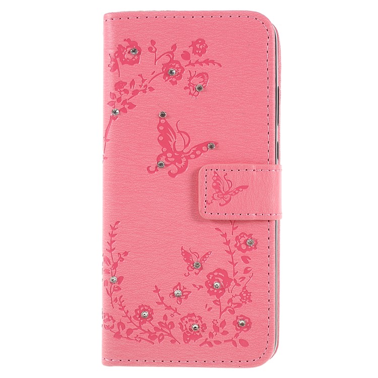 Imprint Butterfly Flower Rhinestone Decor Leather Mobile Protective Cover Case for Huawei P20 - Pink-1