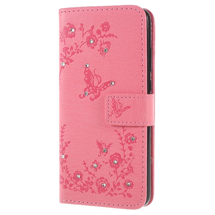 Imprint Butterfly Flower Rhinestone Decor Leather Mobile Protective Cover Case for Huawei P20 - Pink-2
