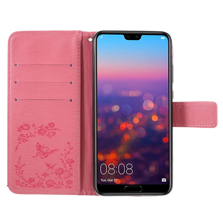 Imprint Butterfly Flower Rhinestone Decor Leather Mobile Protective Cover Case for Huawei P20 - Pink-6