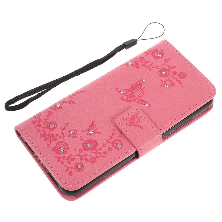 Imprint Butterfly Flower Rhinestone Decor Leather Mobile Protective Cover Case for Huawei P20 - Pink-8