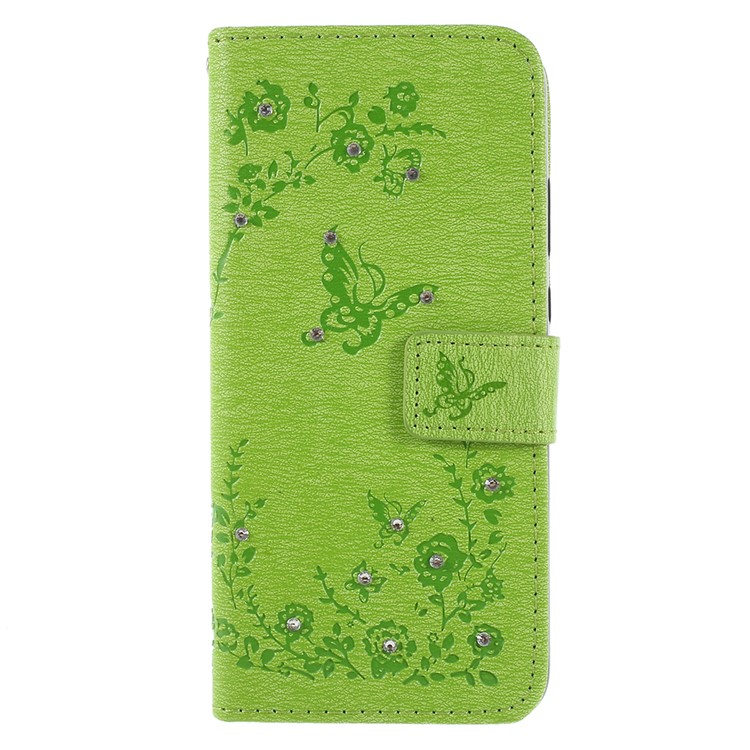 Impressum Schmetterling Blume Strass Dekor Leder Telefon Fall Abdeckung Für Huawei P20 - Grün-1