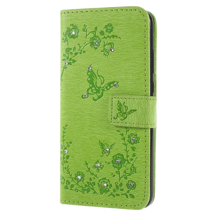 Impressum Schmetterling Blume Strass Dekor Leder Telefon Fall Abdeckung Für Huawei P20 - Grün-2