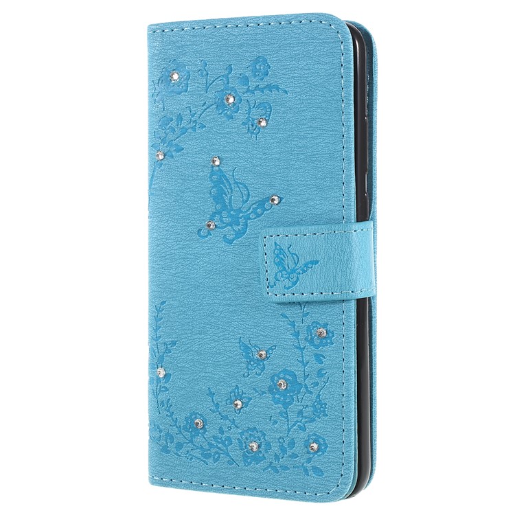 Imprint Butterfly Flower Rhinestone Decor Leather Phone Protective Cover for Huawei P20 - Baby Blue-2
