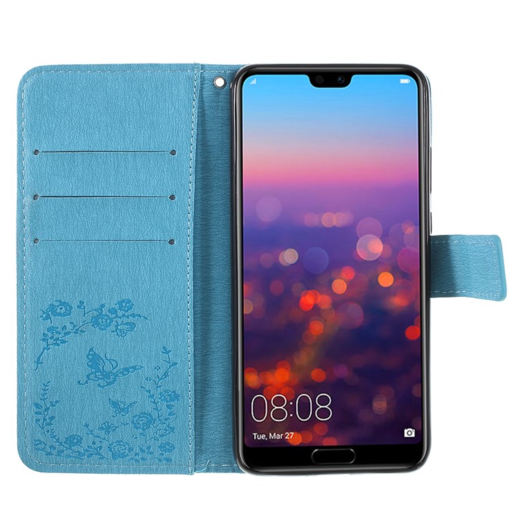 Imprint Butterfly Flower Rhinestone Decor Leather Phone Protective Cover for Huawei P20 - Baby Blue-6