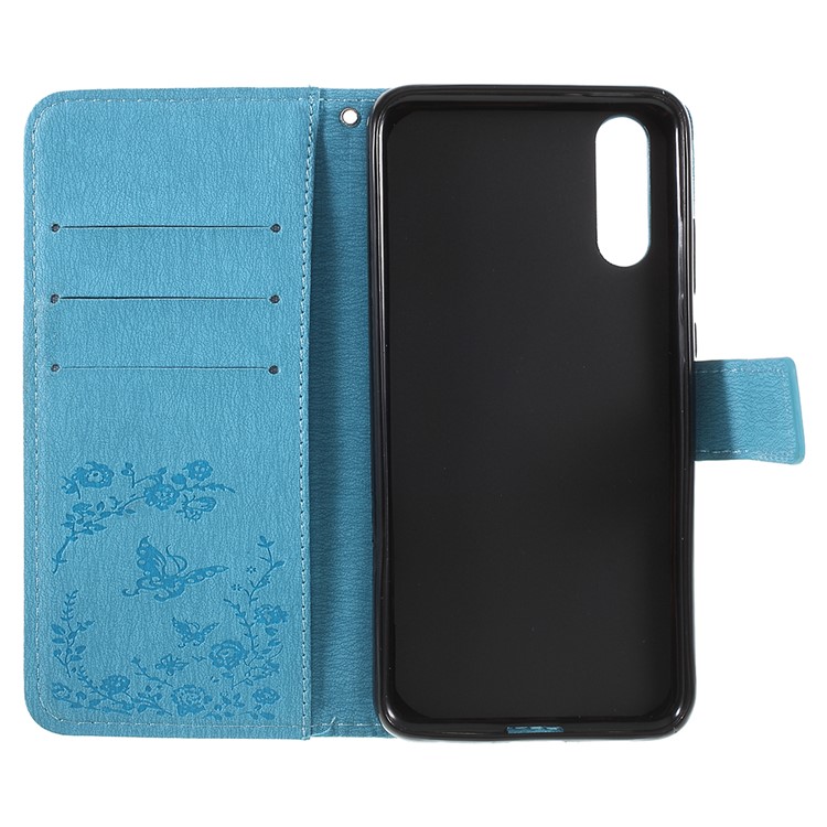 Imprint Butterfly Flower Rhinestone Decor Leather Phone Protective Cover for Huawei P20 - Baby Blue-7
