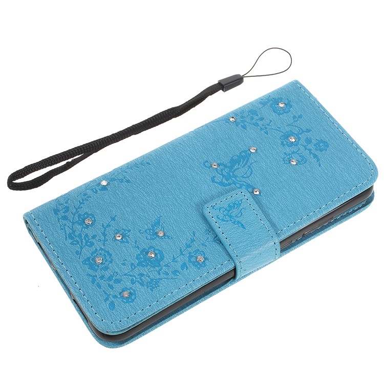 Imprint Butterfly Flower Rhinestone Decor Leather Phone Protective Cover for Huawei P20 - Baby Blue-8