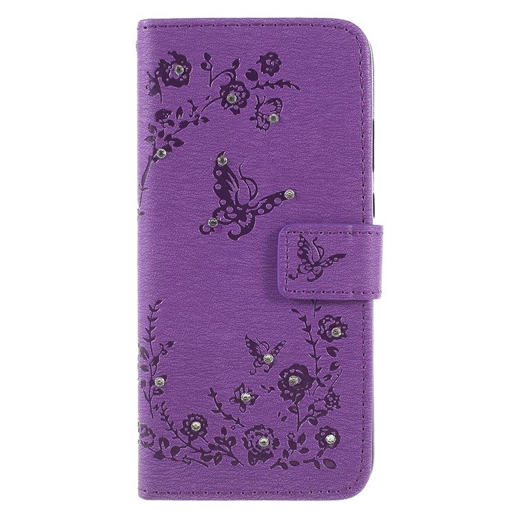 Imprint Butterfly Flower Rhinestone Decor Leather Cellphone Protective Cover for Huawei P20 - Purple-1