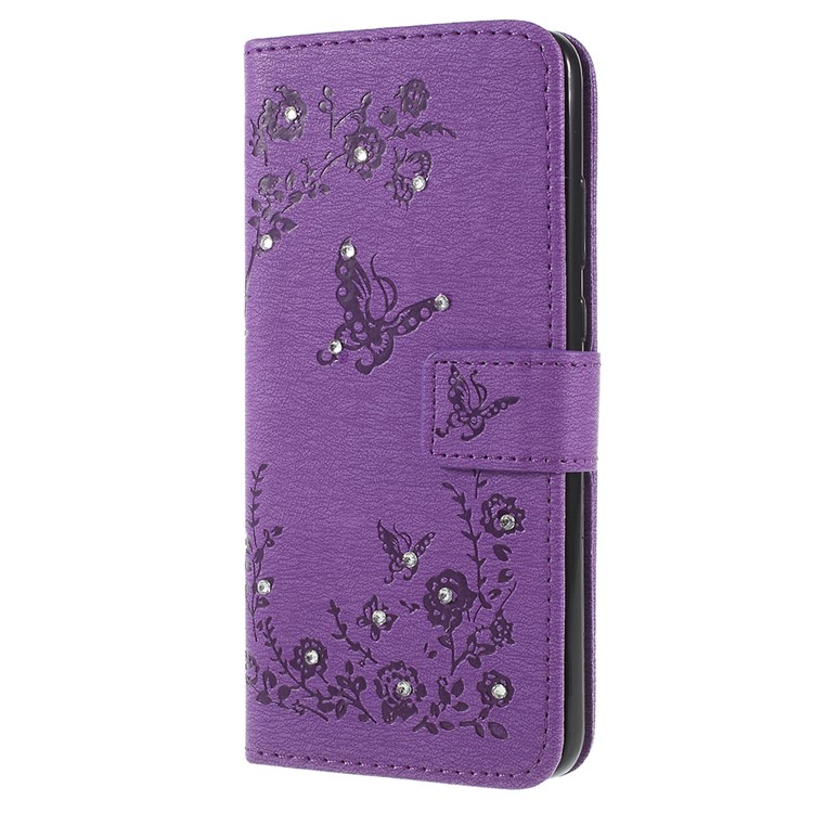 Imprint Butterfly Flower Rhinestone Decor Leather Cellphone Protective Cover for Huawei P20 - Purple-2