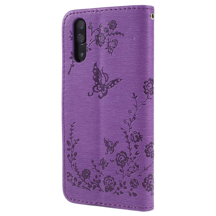 Imprint Butterfly Flower Rhinestone Decor Leather Cellphone Protective Cover for Huawei P20 - Purple-3