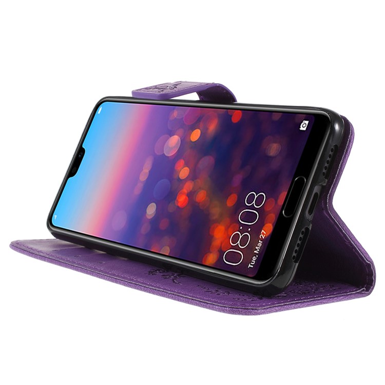 Imprint Butterfly Flower Rhinestone Decor Leather Cellphone Protective Cover for Huawei P20 - Purple-4