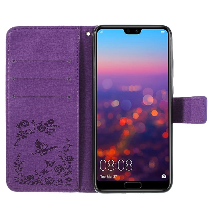 Imprint Butterfly Flower Rhinestone Decor Leather Cellphone Protective Cover for Huawei P20 - Purple-6