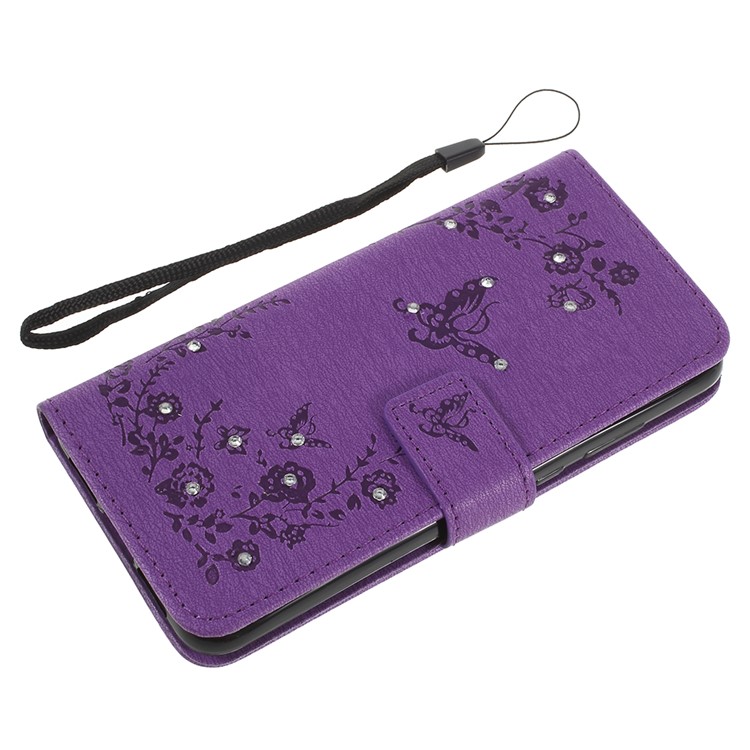 Imprint Butterfly Flower Rhinestone Decor Leather Cellphone Protective Cover for Huawei P20 - Purple-8