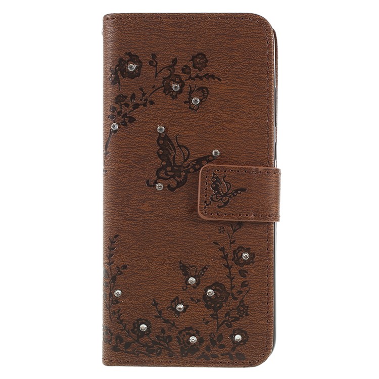 Imprint Butterfly Flower Rhinestone Decor Leather Cellphone Protective Case for Huawei P20 - Brown-1