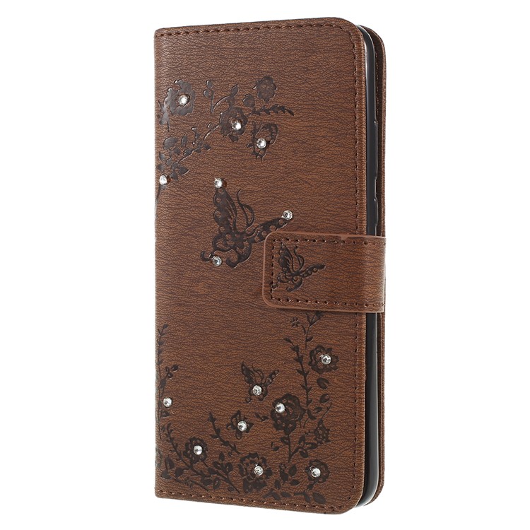 Imprint Butterfly Flower Rhinestone Decor Leather Cellphone Protective Case for Huawei P20 - Brown-2