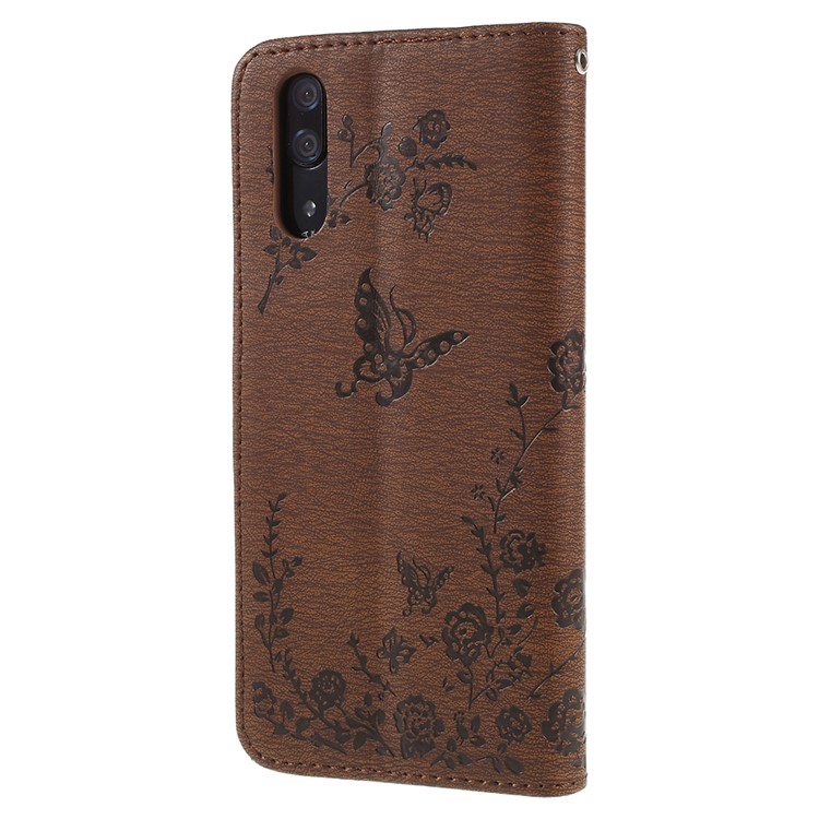Imprint Butterfly Flower Rhinestone Decor Leather Cellphone Protective Case for Huawei P20 - Brown-3