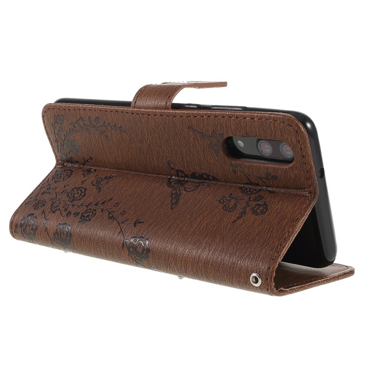 Imprint Butterfly Flower Rhinestone Decor Leather Cellphone Protective Case for Huawei P20 - Brown-5
