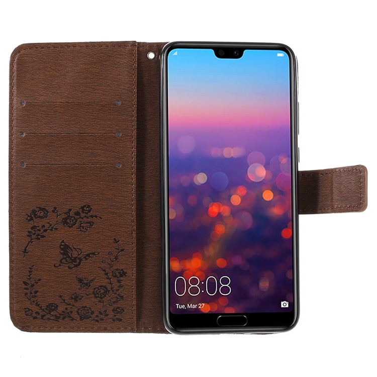 Imprint Butterfly Flower Rhinestone Decor Leather Cellphone Protective Case for Huawei P20 - Brown-6