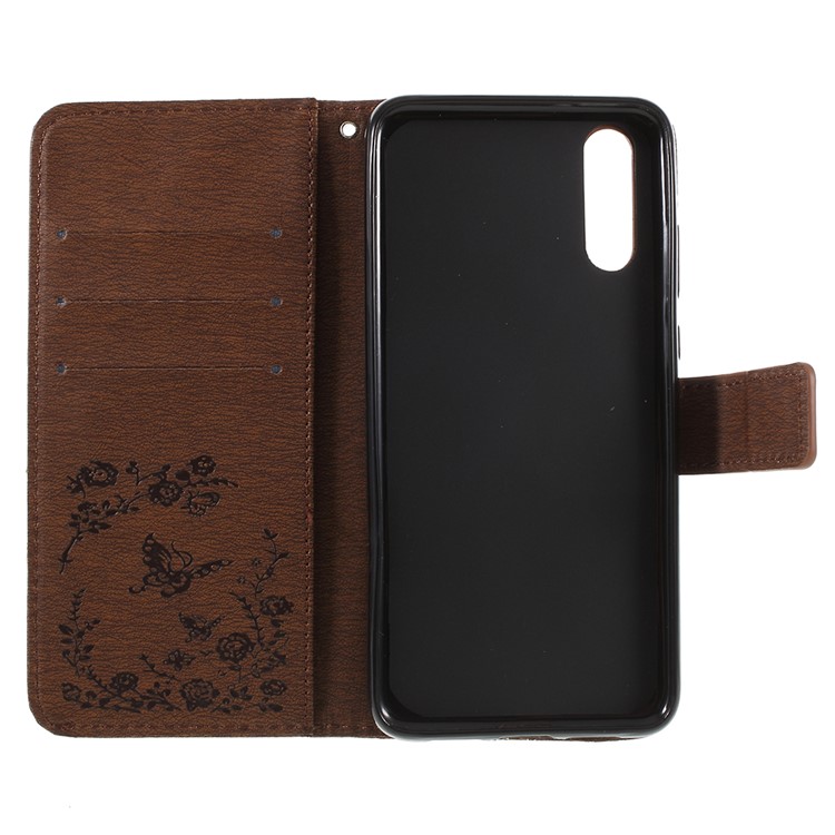 Imprint Butterfly Flower Rhinestone Decor Leather Cellphone Protective Case for Huawei P20 - Brown-7