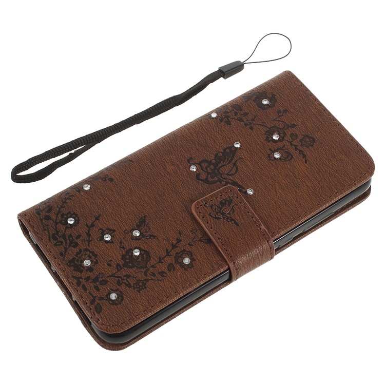 Imprint Butterfly Flower Rhinestone Decor Leather Cellphone Protective Case for Huawei P20 - Brown-8