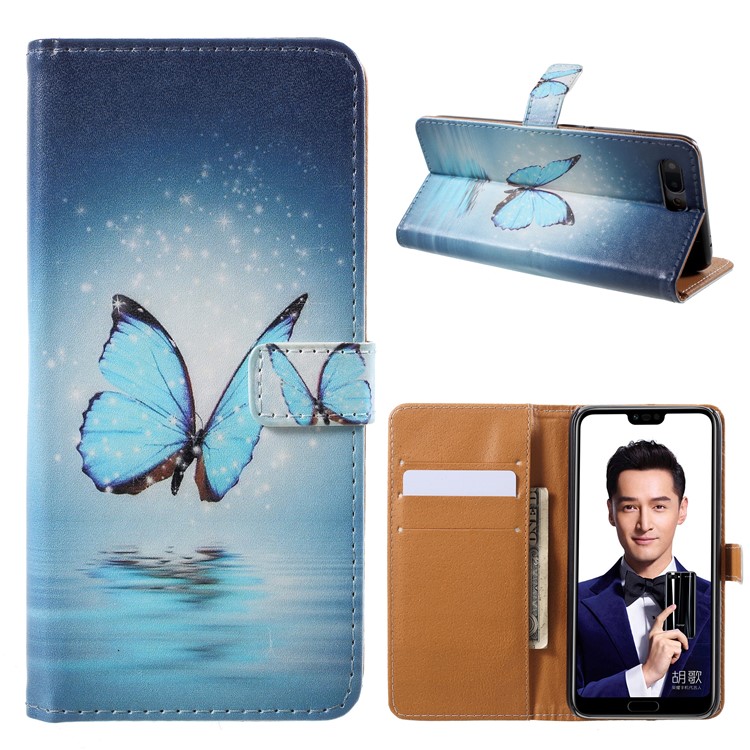 Patterned PU Leather Wallet Stand Phone Case Accessory for Huawei Honor 10 - Butterfly on Lake-1