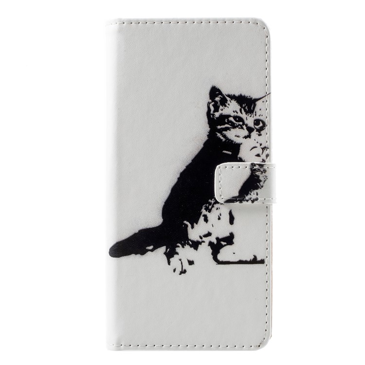 Patterned PU Leather Wallet Stand Phone Case Cover for Huawei Honor 10 - Black and White Cat-1