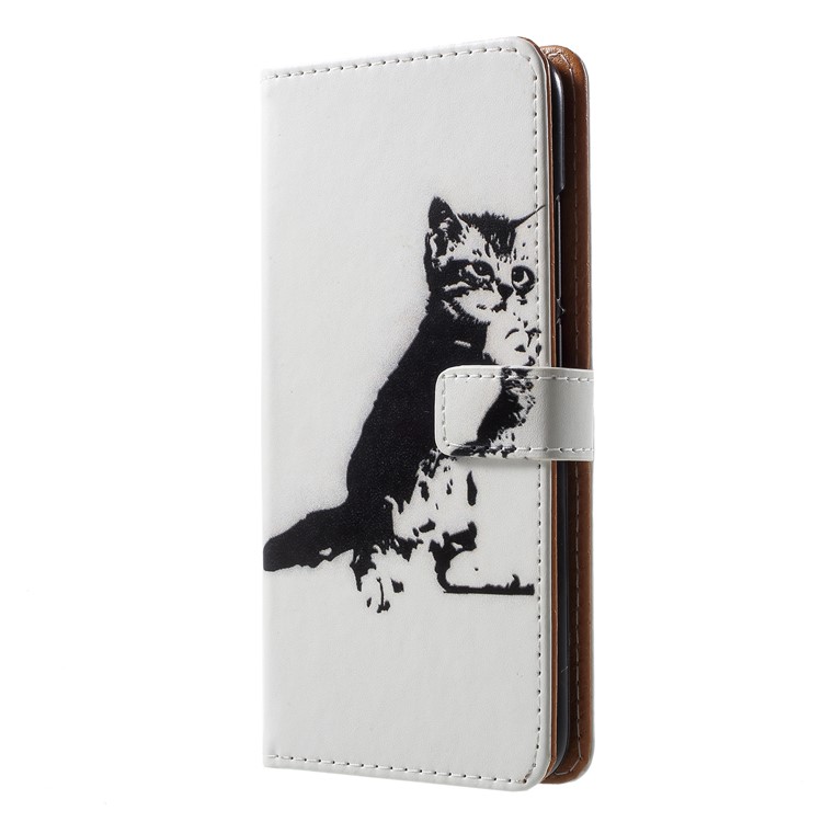 Patterned PU Leather Wallet Stand Phone Case Cover for Huawei Honor 10 - Black and White Cat-2