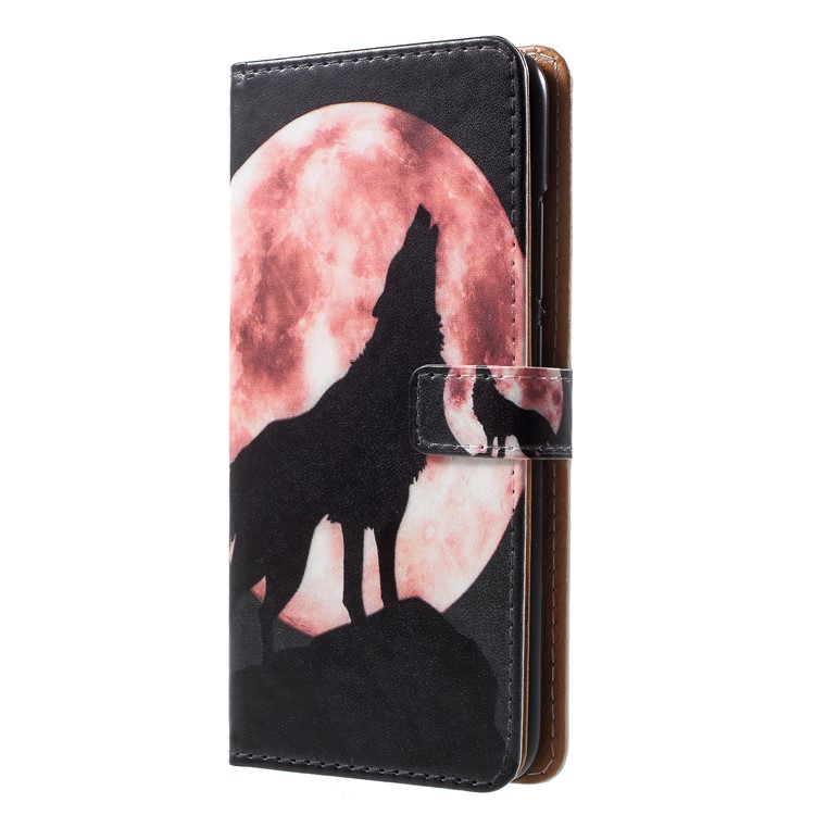 Patterned PU Leather Wallet Stand Protective Phone Case for Huawei Honor 10 - Wolf Howling at the Moon-1